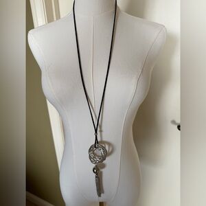 Statement Silver Pendant Necklace | Adjustable Black Cord | Tassel Drop Modern J
